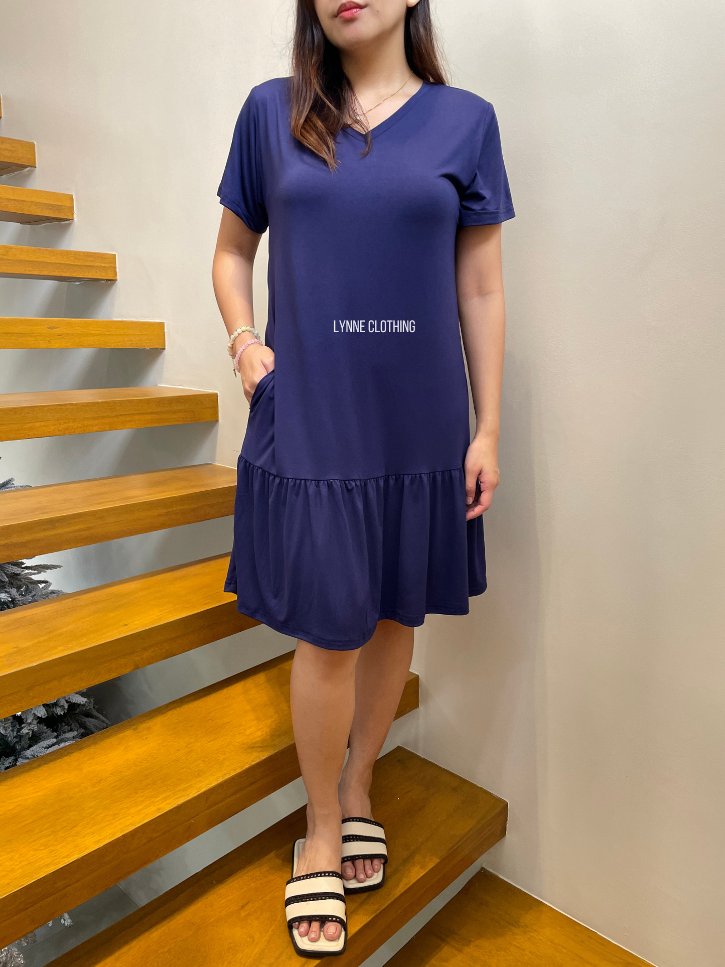 Tiered Midi Shirt Dress (Navy Blue)