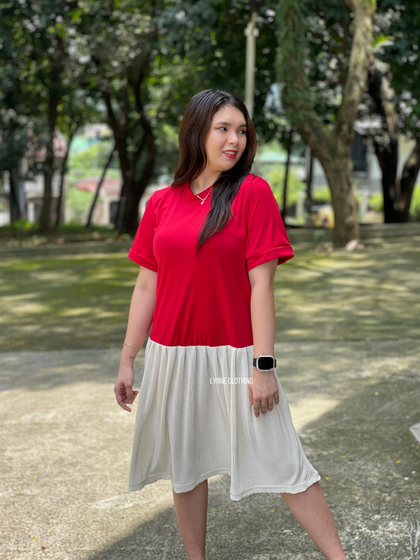 Two-Tone Midi Dress (Red & Cream)