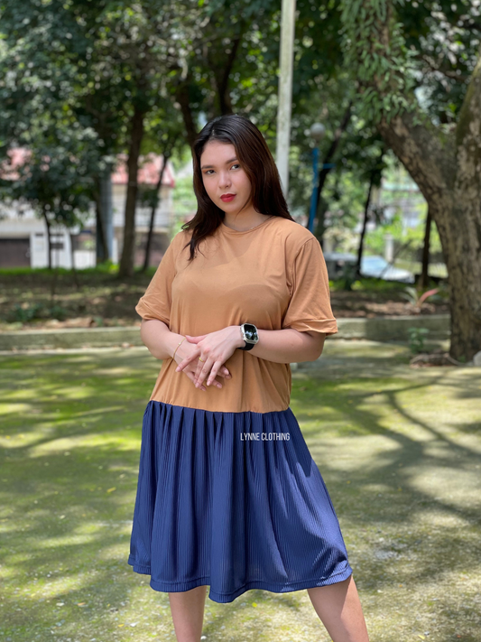 Two-Tone Midi Dress (Mocha & Blue)