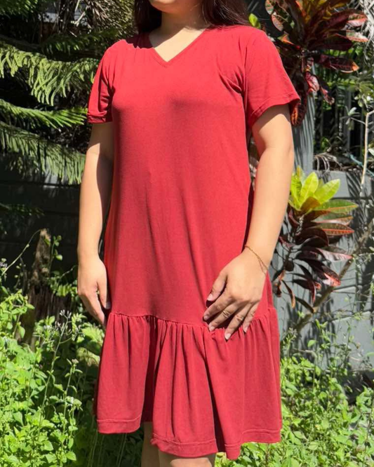 Tiered Shirt Dress (Maroon)