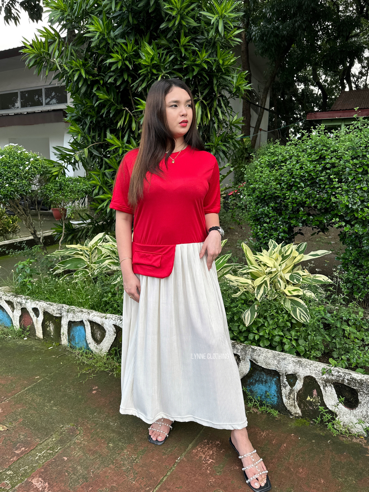 Two-Tone Maxi Dress (Red & Cream)